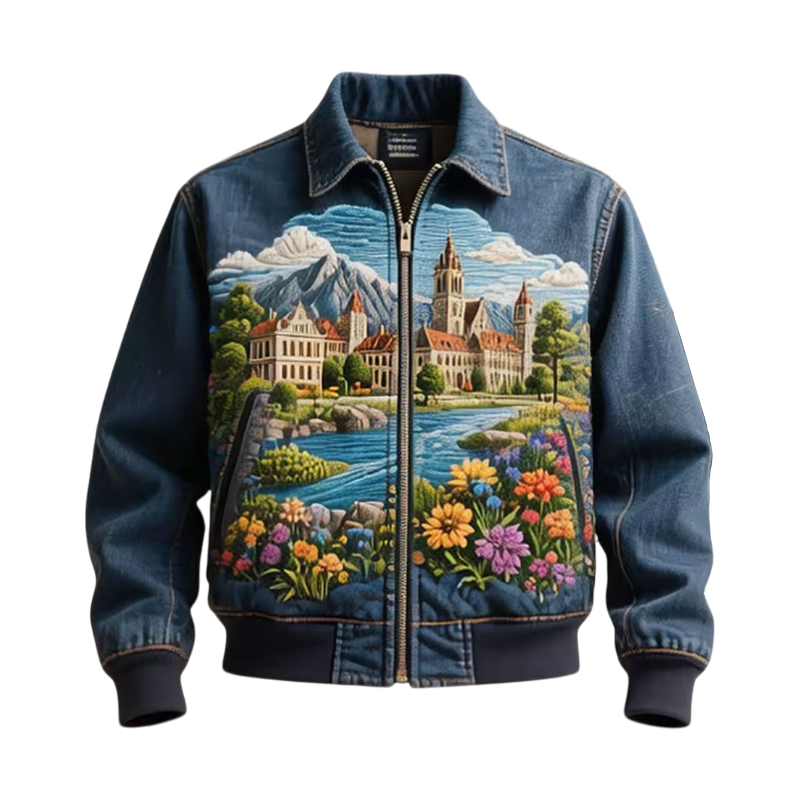 Black washed bomber jacket with colorful embroidered cityscape artwork across the back