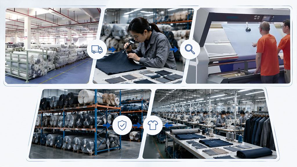 Fabric rolls and inspection equipment representing pre-production fabric quality checks for OEM apparel