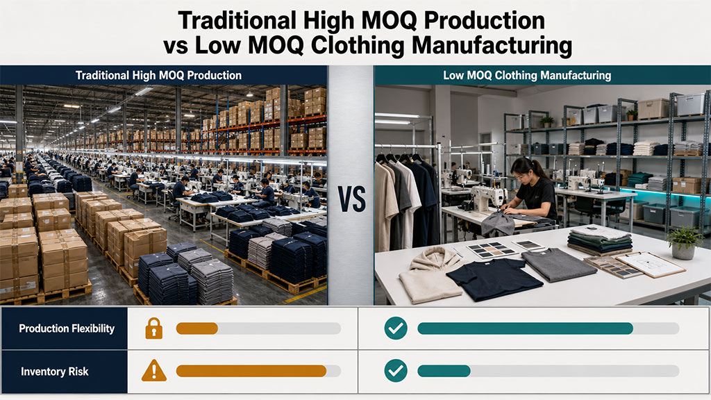 Small garment order with varied styles representing low MOQ clothing manufacturing for fashion brands