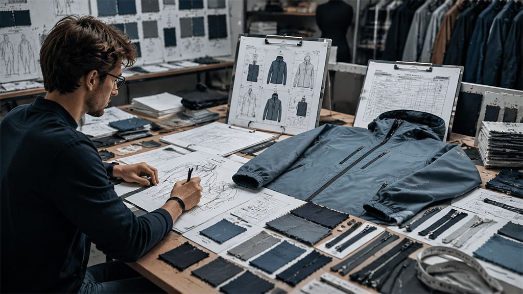 A designer working at a studio desk surrounded by technical sketches, fabric swatches, zipper trims, and design blueprints to create the initial development sample for an outerwear jacket.