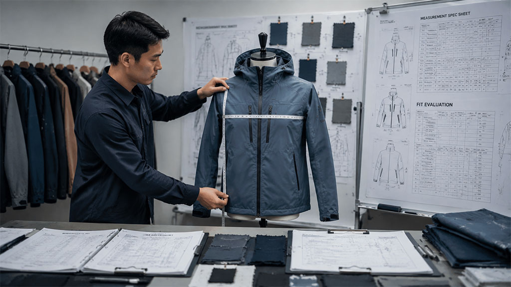 A technical pattern maker using a tape measure to check sizing, dimensions, and grading on a blue outdoor jacket fitted onto a dress form in front of measurement specification sheets.