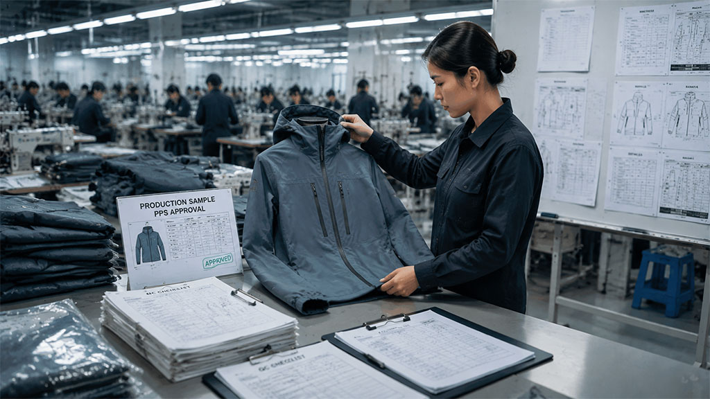 A quality control inspector performing a final evaluation on a pre-production sample jacket next to an official production sample approval sign and QC paperwork inside a busy garment factory.