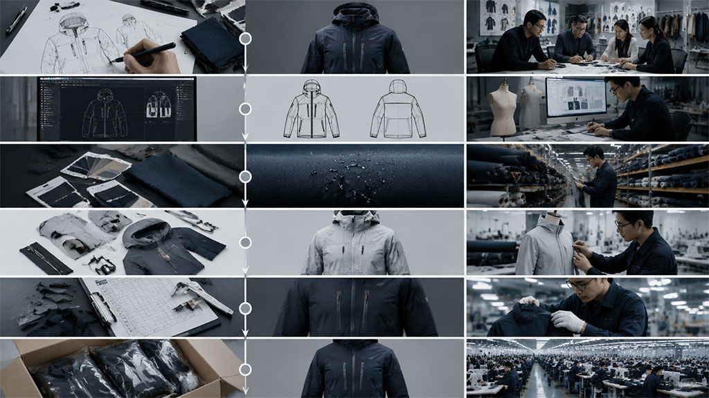A step-by-step process workflow graphic illustrating what an ODM apparel supplier does, featuring design sketches, digital CAD patterns, fabric sample selection, garment prototyping, technical evaluation, and final bulk production packaging.