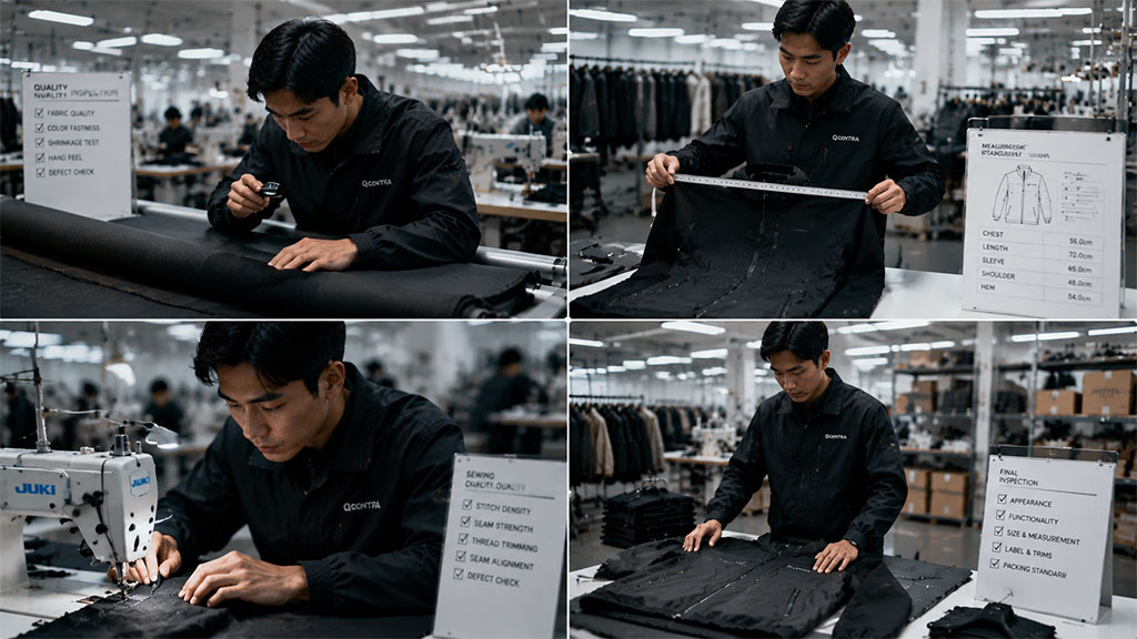 Four-panel composite photo detailing Simmerui's strict apparel quality control and garment inspection process, including fabric roll testing, size and specification measurement, precision sewing assembly, and final finished apparel inspection.