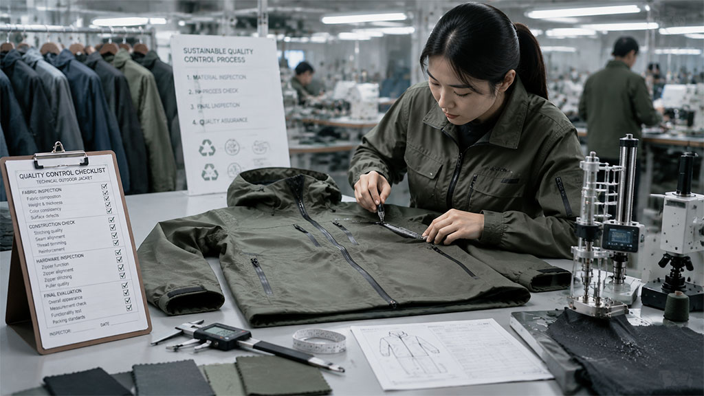 A quality control inspector meticulously checking a green tactical outdoor jacket in a garment factory, with a quality control checklist clipboard, measurement tools, fabric swatches, and technical inspection equipment on the table.
