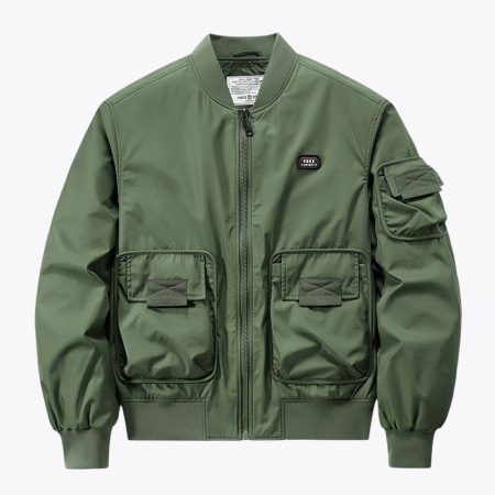 Army green men's utility embroidered bomber jacket with cargo pockets and ribbed trims by Simmerui