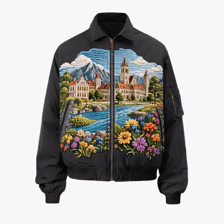 Front studio view of the Simmerui mens embroidered floral pattern bomber jacket in black, featuring a striking colorful scenic landscape embroidery graphic across the chest, full front zipper closure, and classic spread collar.