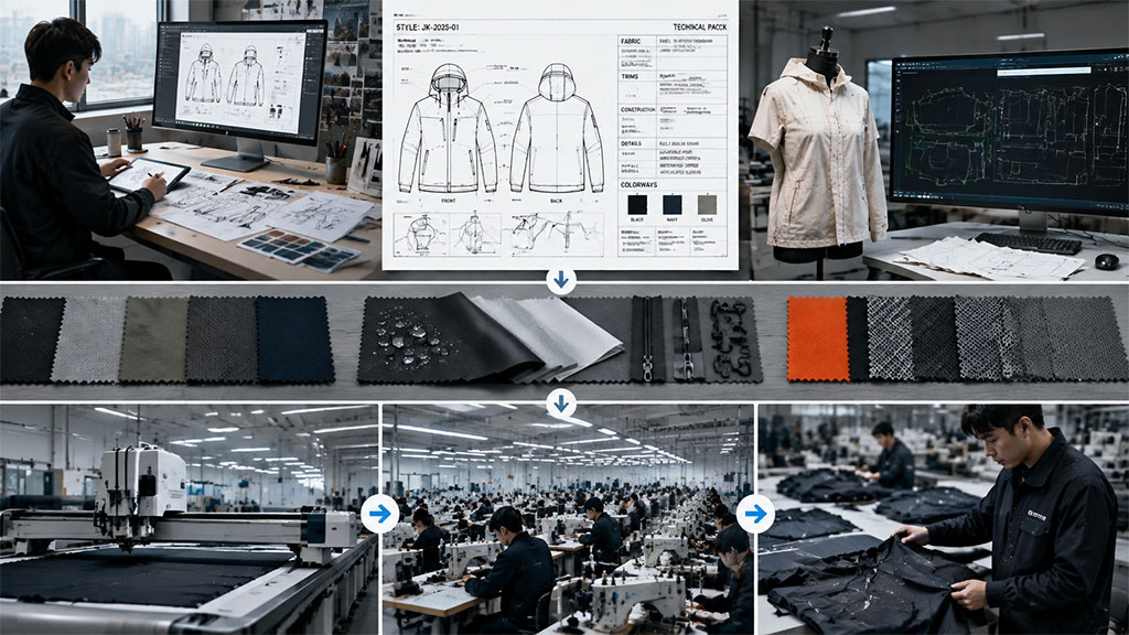 Multi-step visual workflow of custom OEM apparel development and manufacturing by Simmerui, featuring technical pack creation, digital pattern making, fabric and trim swatch selection, automated cutting, and bulk garment production.