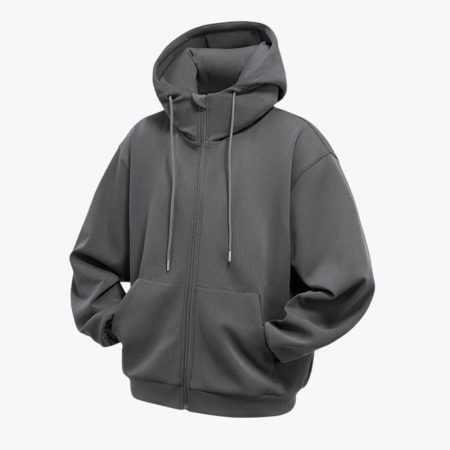 Front studio view of the dark-gray Simmerui unisex detachable travel airbag zipper hoodie, featuring a high collar integrated with an inflatable neck pillow system, full front zipper, and kangaroo pockets.