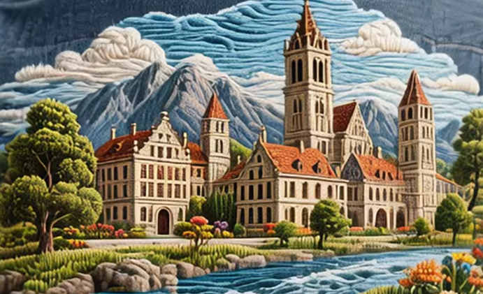 Colorful embroidered European cityscape artwork with a cathedral and historic buildings