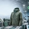 Overview banner for sustainable apparel manufacturing featuring an outdoor jacket on display, recycled polyester fiber spools, fabric rolls, and a factory workshop background with overlaid eco-friendly production icons