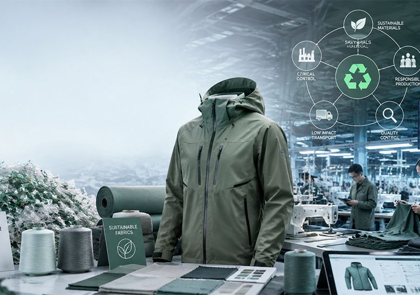 Overview banner for sustainable apparel manufacturing featuring an outdoor jacket on display, recycled polyester fiber spools, fabric rolls, and a factory workshop background with overlaid eco-friendly production icons