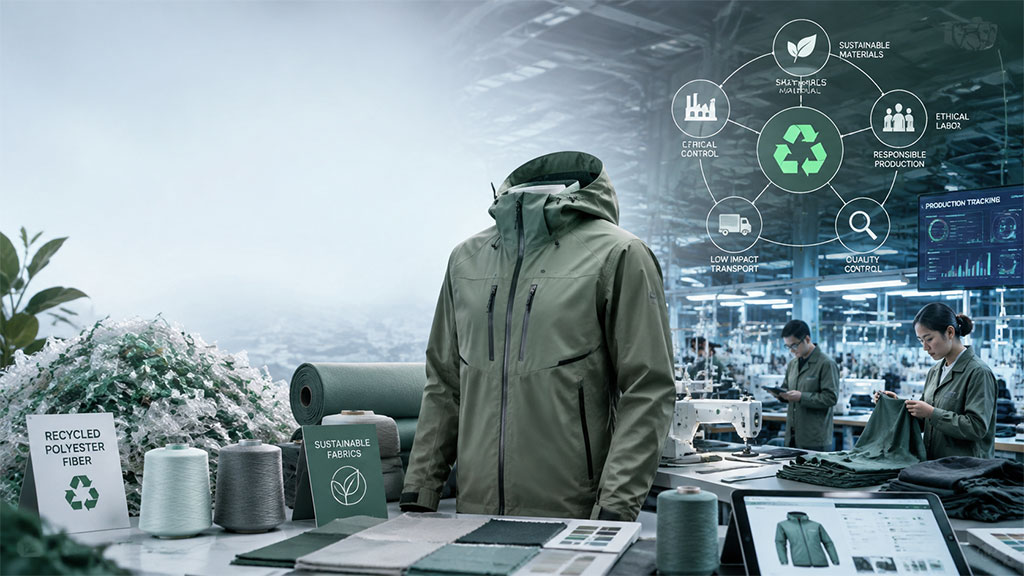 Overview banner for sustainable apparel manufacturing featuring an outdoor jacket on display, recycled polyester fiber spools, fabric rolls, and a factory workshop background with overlaid eco-friendly production icons