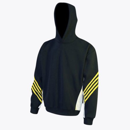 Front view of the Simmerui navy patchwork webbing hooded sweatshirt, featuring distinctive white and red stripe accents along the sleeves and sides for a bold streetwear look.