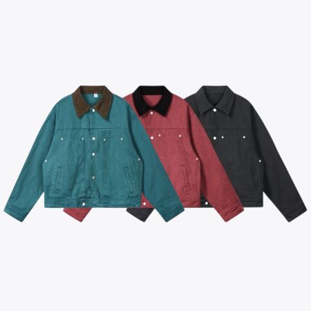 Teal, black and red embroidered washed distressed jackets with pointed collars and snap fronts by Simmerui
