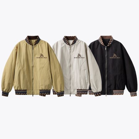 Khaki, gray and black vintage lightweight embroidered bomber jackets with patterned ribbed trims by Simmerui