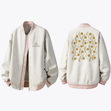 Composite product view showing both the front and back of the apricot Simmerui ribbed embroidery plus size bomber jacket for a complete overview of the design.