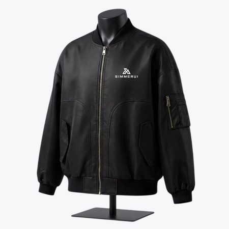 Black Simmerui men's lightweight polyester bomber jacket with embroidered chest logo, ribbed trims and zip utility pockets
