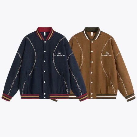 Navy and coffee embroidered logo baseball jackets with snap fronts and striped ribbed trims by Simmerui