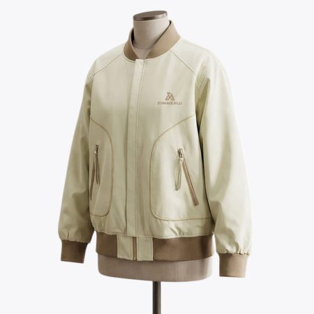 Cream men's lightweight embroidery bomber jacket with stand collar, curved panels and zip pockets by Simmerui