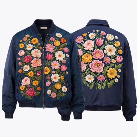Composite product view displaying both the front and back of a dark blue Simmerui unisex embroidered floral bomber jacket, highlighting the rich floral embroidery graphics on the chest panels and back.
