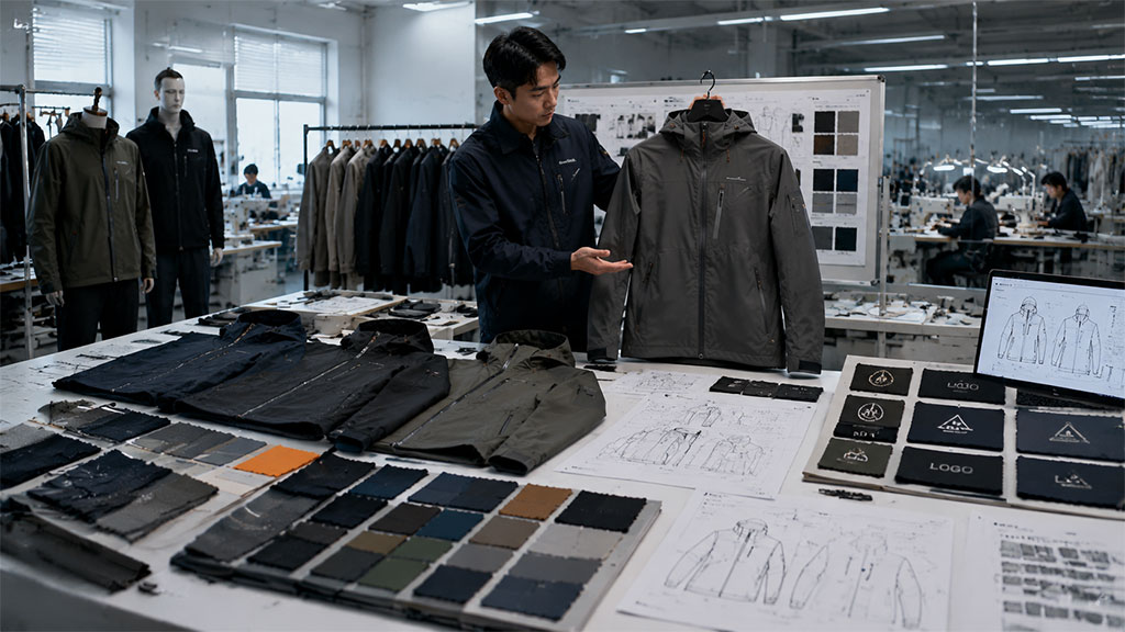 Simmerui apparel designer presenting a ready-to-produce ODM clothing solution, showcasing pre-designed sample jackets, custom branding tag options, fabric swatches, and technical specification layouts on a factory studio table.