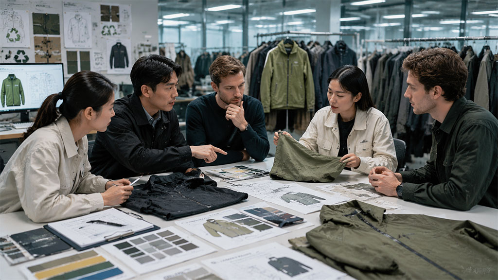 A collaborative meeting between apparel brand representatives and manufacturing partners in a design studio, reviewing fabric samples, technical sketches, and outerwear garment prototypes on a conference table.