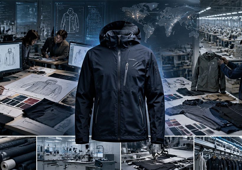 Comprehensive overview banner for Simmerui's clothing manufacturing cost guide, illustrating OEM custom development, ODM ready-made solutions, and private label apparel production workflows alongside global supply chain logistics.