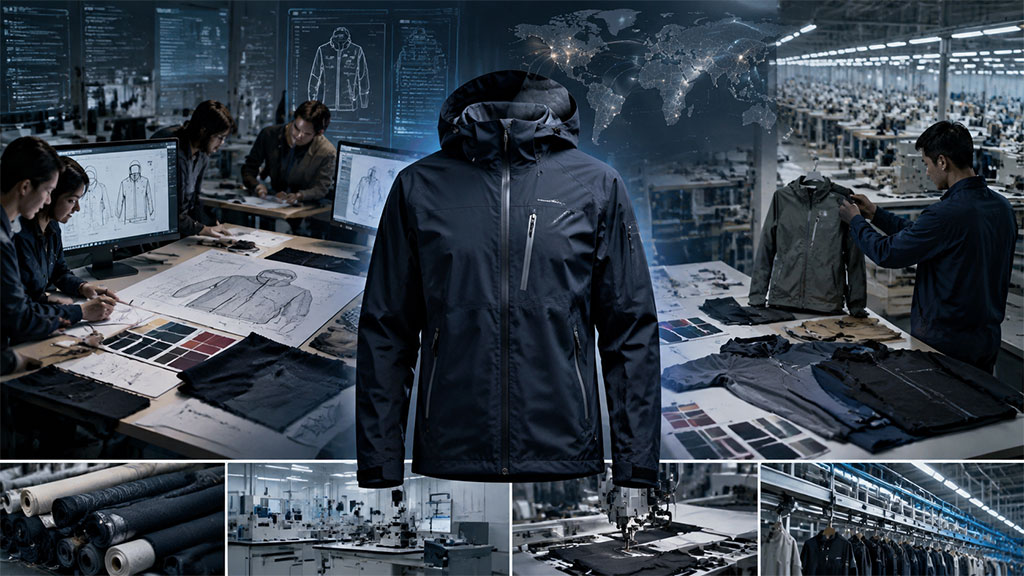 Comprehensive overview banner for Simmerui's clothing manufacturing cost guide, illustrating OEM custom development, ODM ready-made solutions, and private label apparel production workflows alongside global supply chain logistics.