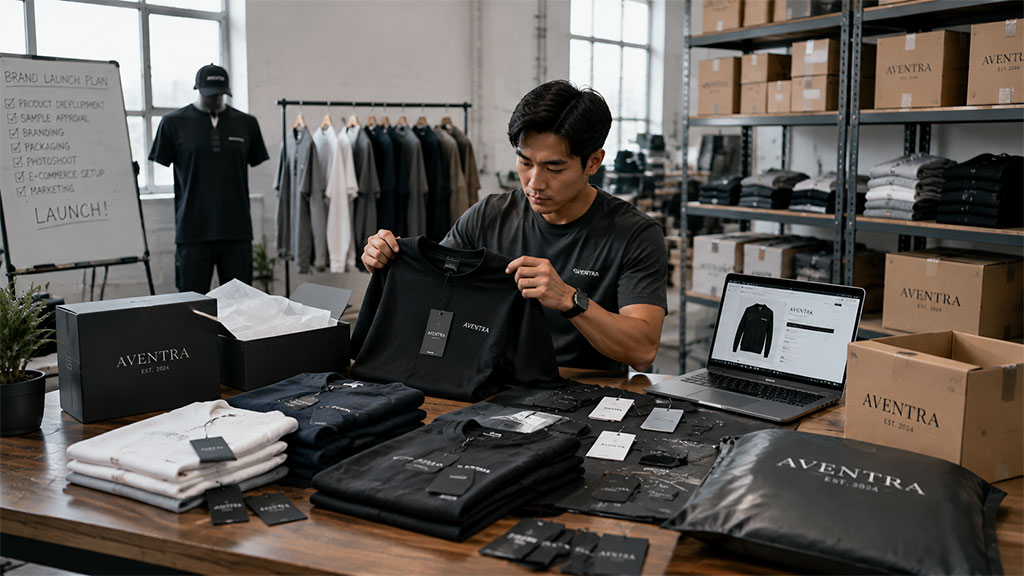 Apparel brand owner setting up an e-commerce store and reviewing private label clothing inventory, branded packaging boxes, custom woven labels, and folded t-shirts during a brand launch phase.