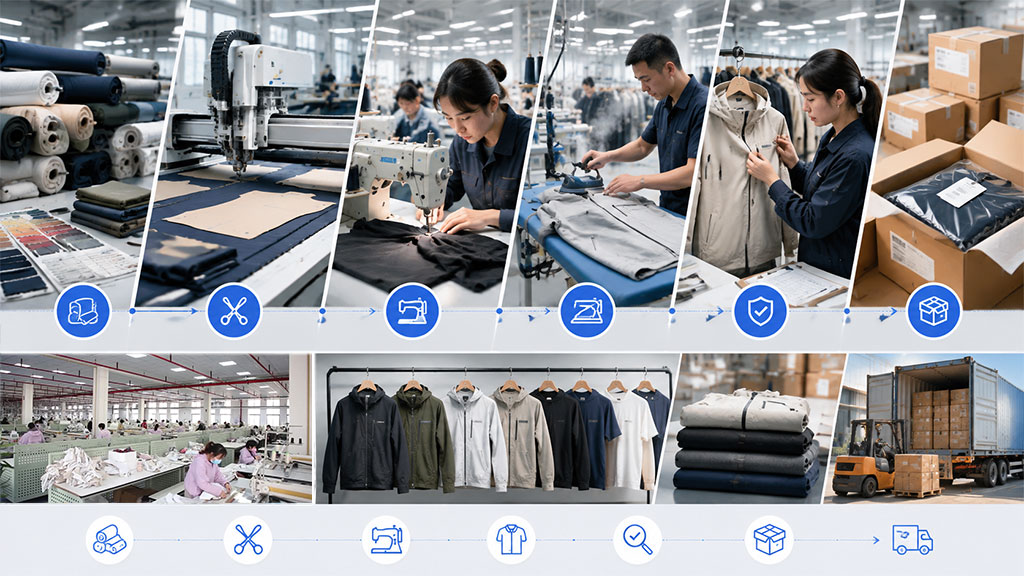 Professional apparel manufacturing workflow showing fabric cutting, sewing, finishing and inspection stages