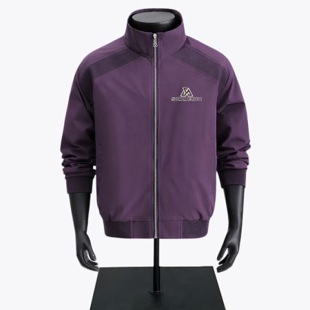 Purple casual streetwear bomber jacket with embroidered chest logo, stand collar and full zip by Simmerui