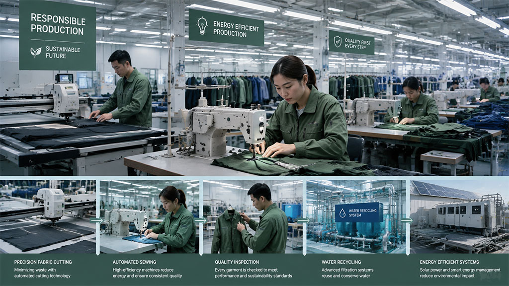 Step-by-step infographic and factory floor view illustrating responsible apparel production, covering precision fabric cutting, automated sewing, strict quality inspection, water recycling systems, and energy-efficient operations.