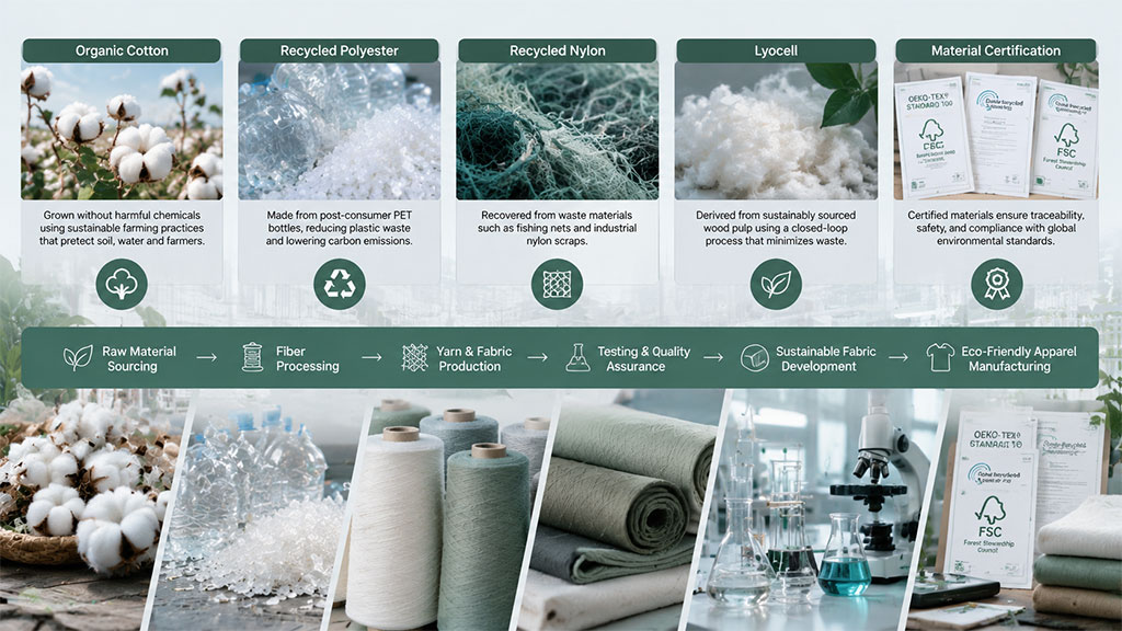 Informational graphic detailing sustainable fabric sourcing options for eco-friendly apparel manufacturing, showcasing organic cotton, recycled polyester, recycled nylon, lyocell, and official material certifications like OEKO-TEX and FSC.