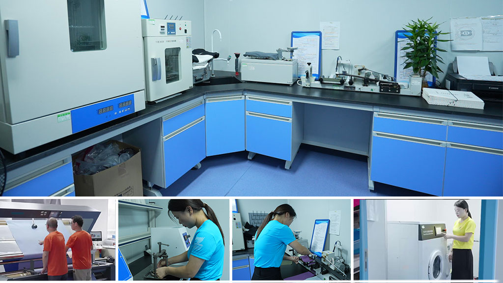 A well-equipped textile testing laboratory showcasing professional instruments, environmental test chambers, and technicians conducting fabric durability, quality assurance, and chemical safety evaluations.