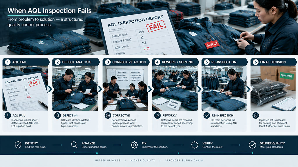 Flowchart illustrating the structured corrective action process when an AQL inspection fails, covering steps from defect analysis and rework to final re-inspection and shipment decision.