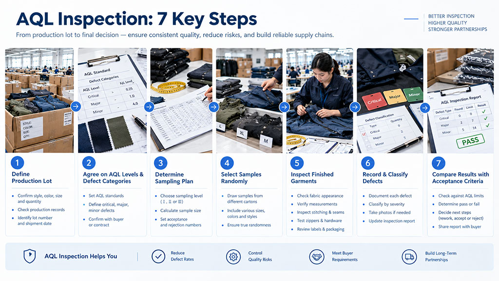 A detailed 7-step infographic outlining the AQL inspection process, from defining production lots and determining sampling plans to inspecting finished garments and comparing results against acceptance criteria. It features a QC inspector at work, AQL standard tables, and defect classification cards, ultimately leading to a final pass/fail report to ensure consistent quality and build reliable supply chains.