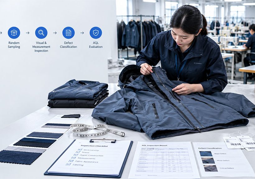 A professional quality control inspector conducting an AQL evaluation on a navy jacket in a garment factory. The scene illustrates the standard inspection workflow—from random sampling to defect classification—supported by on-site tools like measurement tapes, fabric swatches, and detailed inspection checklists to ensure product compliance.