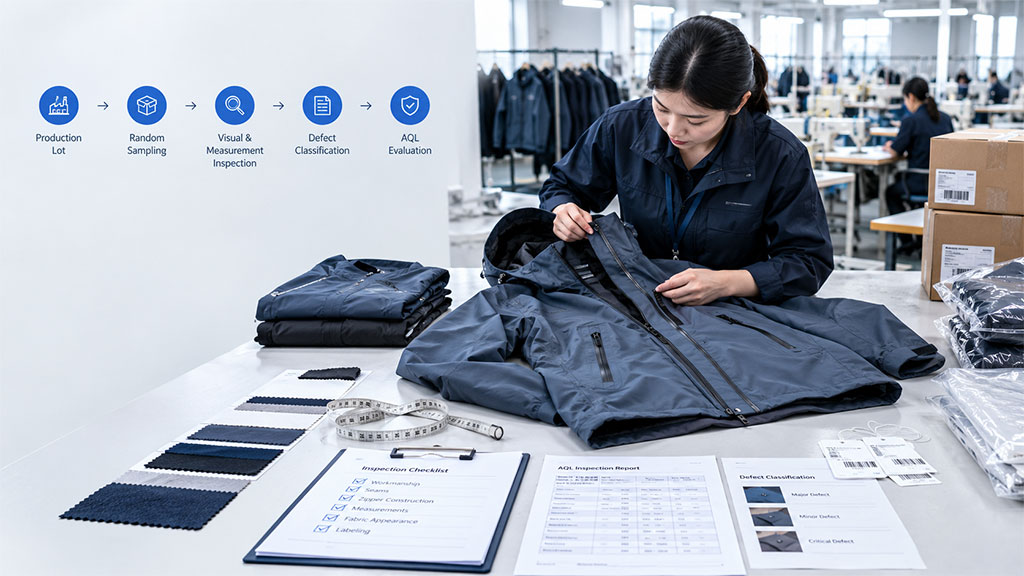 A professional quality control inspector conducting an AQL evaluation on a navy jacket in a garment factory. The scene illustrates the standard inspection workflow—from random sampling to defect classification—supported by on-site tools like measurement tapes, fabric swatches, and detailed inspection checklists to ensure product compliance.