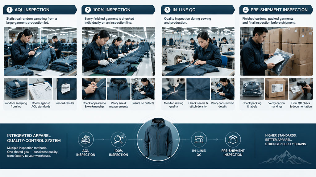 A comparative infographic illustrating four key quality control methods in apparel manufacturing: AQL Inspection (statistical random sampling), 100% Inspection (individual checking), In-Line QC (during production), and Pre-Shipment Inspection (final check). The visual contrasts the specific workflows and focus areas of each method, demonstrating how an integrated quality-control system combines these approaches to ensure higher standards and stronger supply chains.