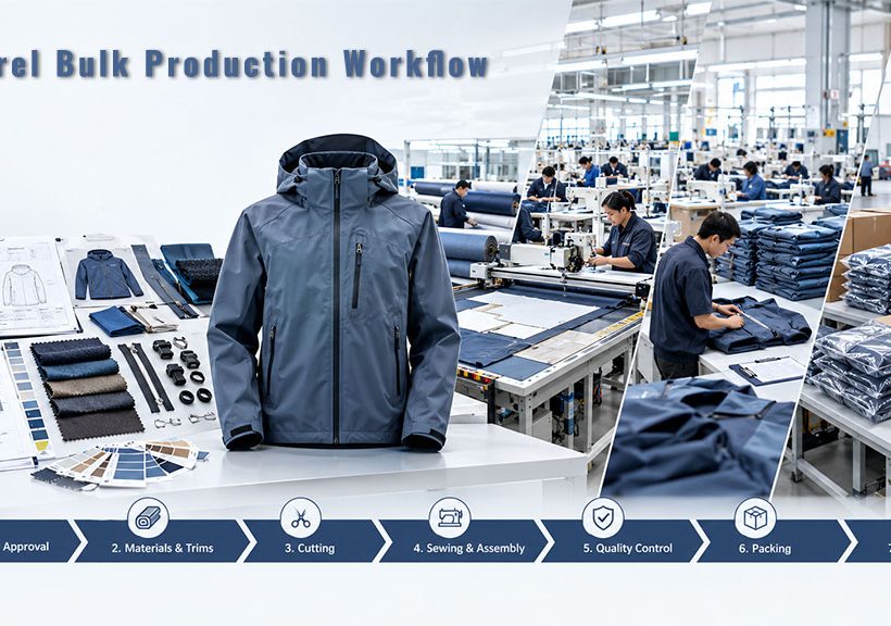 Explore our 7-step apparel bulk production workflow. From product approval, material sourcing, and cutting to sewing, QC, packing, and final shipment.