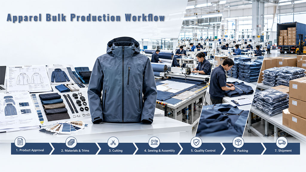 Explore our 7-step apparel bulk production workflow. From product approval, material sourcing, and cutting to sewing, QC, packing, and final shipment.