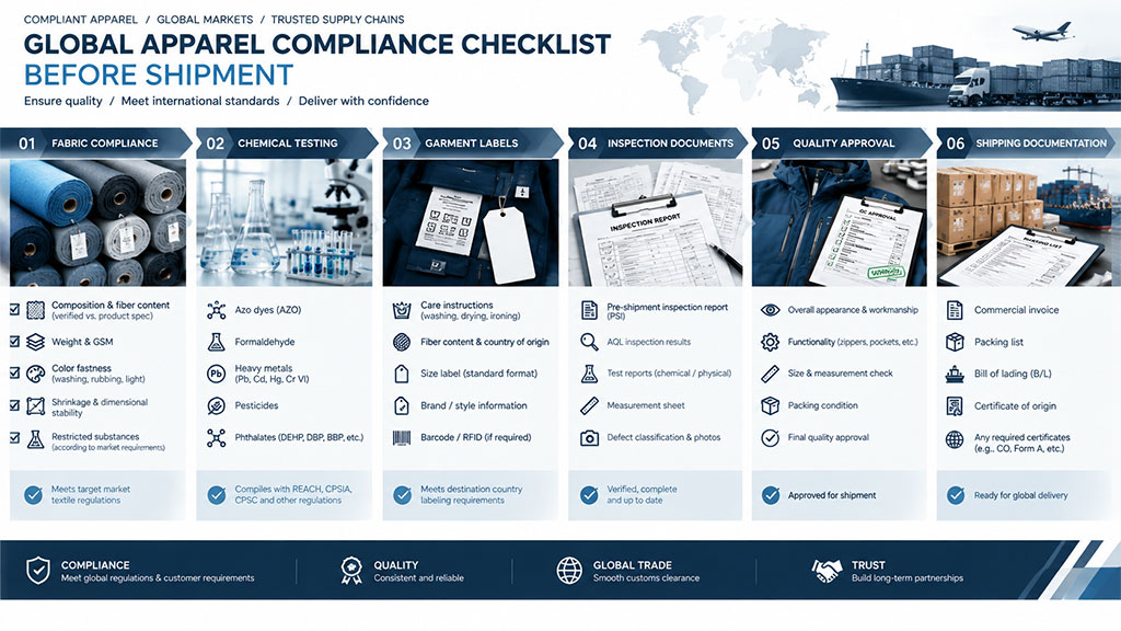 Global apparel compliance checklist covering fabric testing, chemical safety, garment labels, inspection documents, quality approval and shipping
