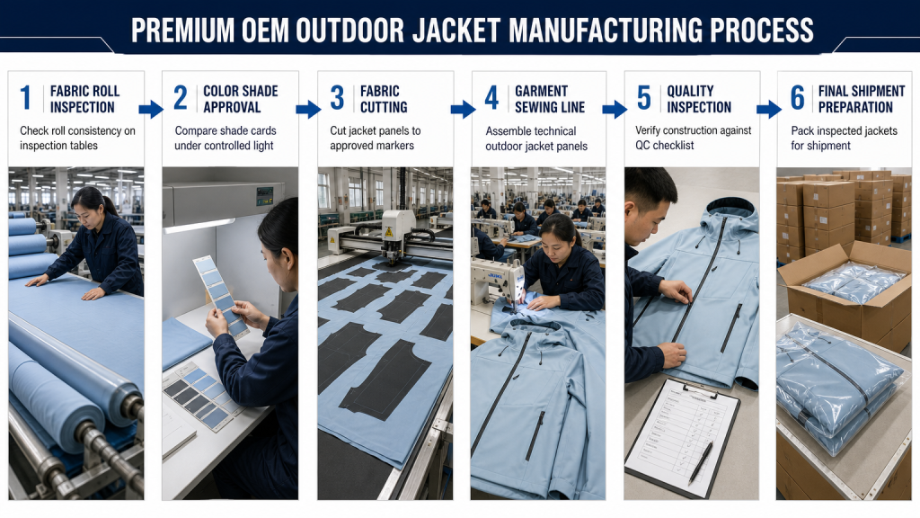 Apparel compliance documentation system showing fabric inspection, color approval, jacket production, quality control and shipment preparation processes
