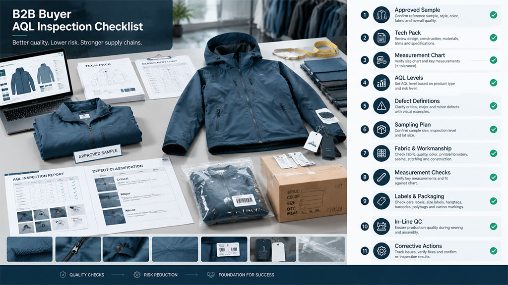 A comprehensive AQL inspection checklist designed for B2B buyers, featuring an 11-step verification process ranging from reviewing the approved sample and tech pack to defining defect levels and corrective actions. The visual setup includes essential QC tools like measurement charts, inspection reports, and fabric swatches alongside a finished jacket, illustrating a professional workflow for ensuring quality checks, risk reduction, and supply chain success.