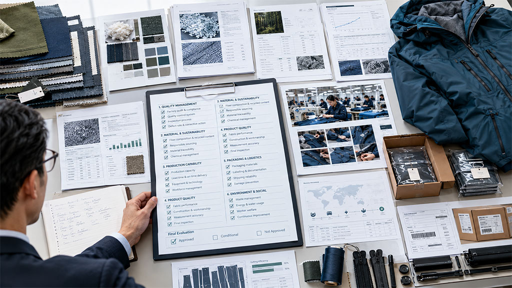 Flowchart illustrating the B2B buyer verification checklist process, covering key evaluation criteria such as quality management systems, material sustainability compliance, production capability assessment, and final environmental impact validation.