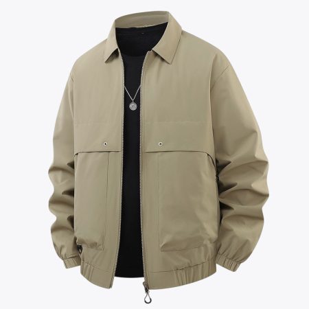 Beige-gray business casual windproof jacket with zipper lapel, large flap pockets, elastic cuffs and ribbed hem
