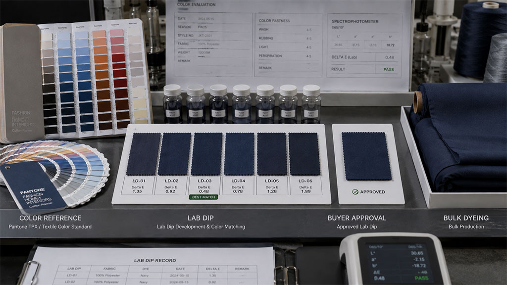 Technician comparing textile color swatches during color matching and lab dip approval