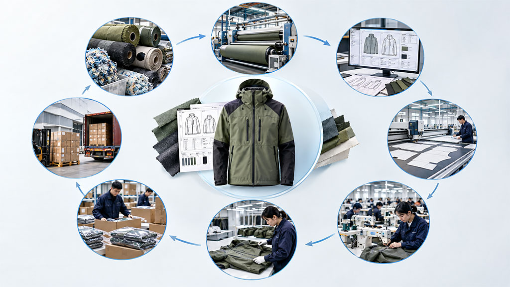 Flowchart illustrating the complete eco-friendly apparel manufacturing system, covering steps from recycled fabric sourcing and digital design to automated cutting, sewing assembly, quality inspection, and packaging for final shipment.