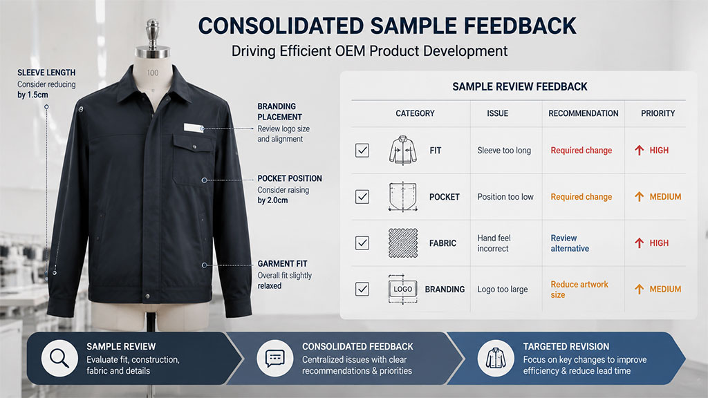 A visual guide to consolidated sample feedback, featuring a detailed review table with categories like fit, pocket, fabric, and branding. Centralizing issues with clear priorities and recommendations drives efficient revisions and reduces lead times in OEM product development.